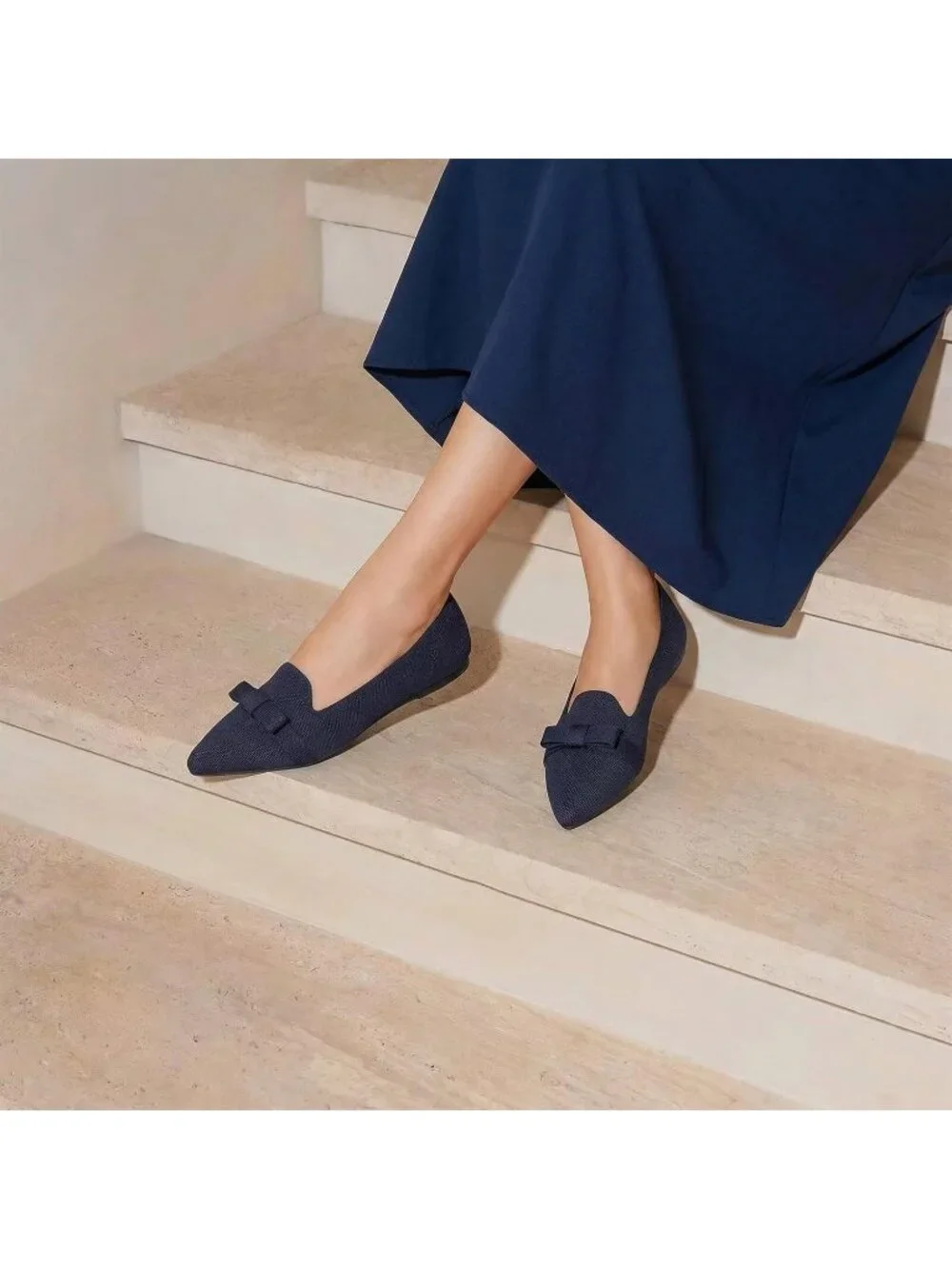 Women's Navy Comfortable Knit Casual Pointed Toe Ballet Flats with Bow Shoes